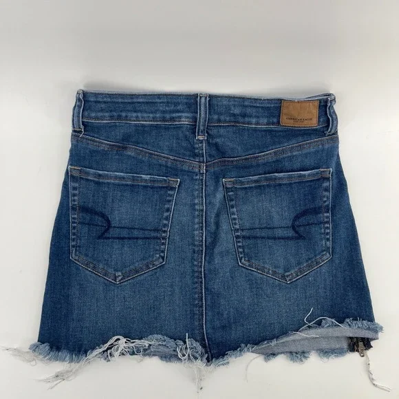 American Eagle Stretch Zipper High Rise Mini Jean Skirt Denim Frayed Hem Size 4 - Picture 3 of 7